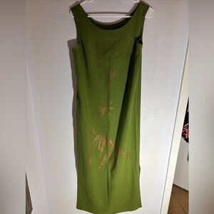 Vintage 60’s Malihini Hawaii Barkcloth Dress Maxi Pockets Green Gold Size M